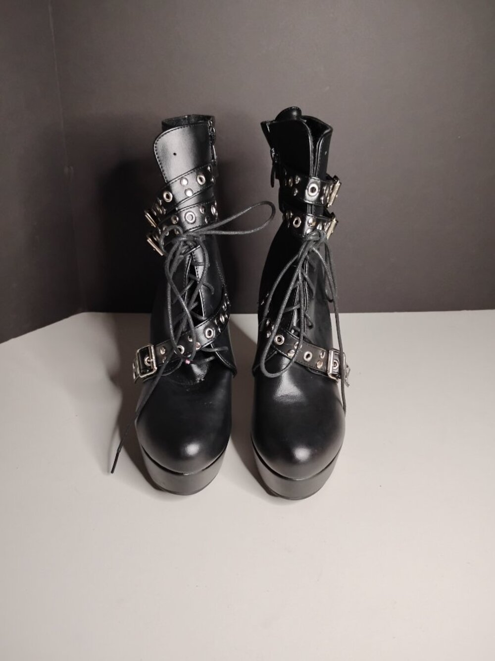 Women Studded Belt Buckle Chunky High Heel Ankle Combat Boots Faux Leather Sz44 - Picture 4 of 12